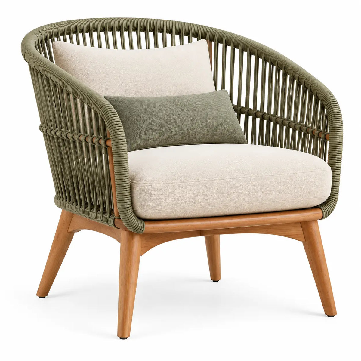 Poltrona, schienale a listelli e cuscino imbottito, verde/marrone/beige