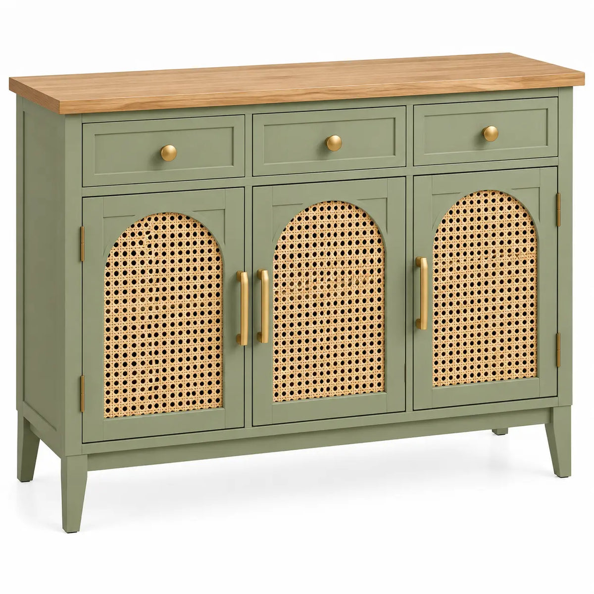 Credenza, tre ante intrecciate e cassetti superiori, verde/marrone