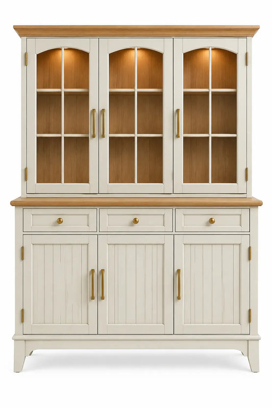 Vetrina, tre ante vetrate e contenitore inferiore, beige/marrone