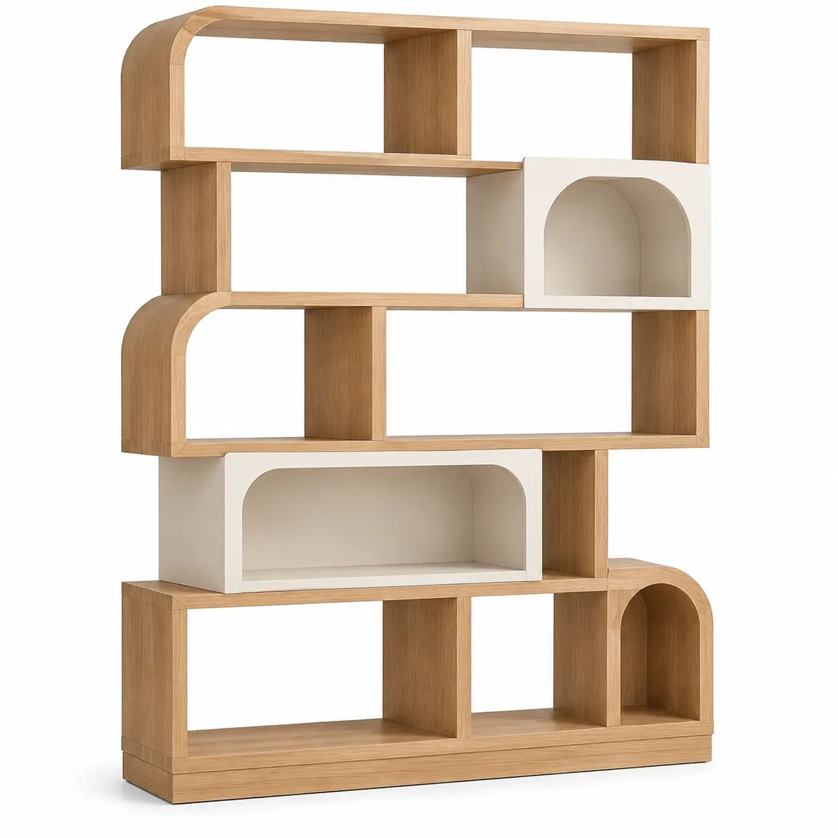 Libreria, ripiani sfalsati e vani ad arco, marrone/beige