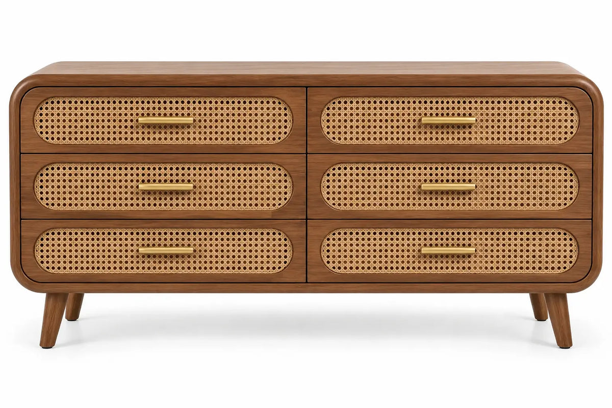 Cassettiera, sei cassetti con inserti intrecciati, marrone