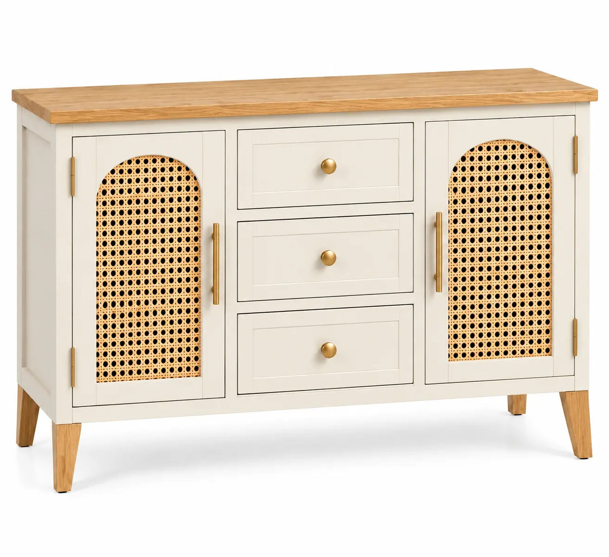 Credenza, ante intrecciate e tre cassetti centrali, beige/marrone