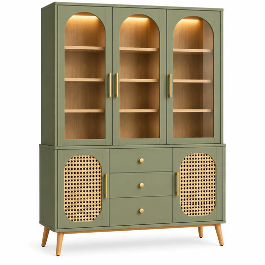 Vetrina, tre sezioni ad arco e cassetti inferiori, verde/marrone
