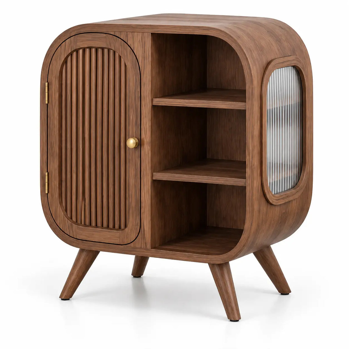 Credenza, profilo ovale, ante e ripiani laterali, marrone